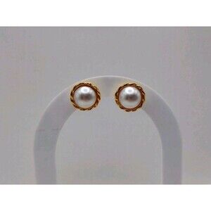 Vintage Faux Pearl With Gold Rim Button Style Stud Earrings